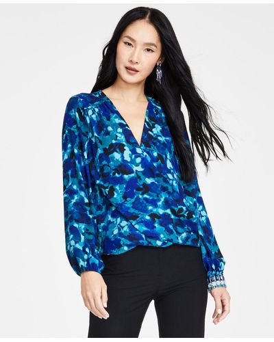 INC International Concepts Printed Surplice Top - Blue