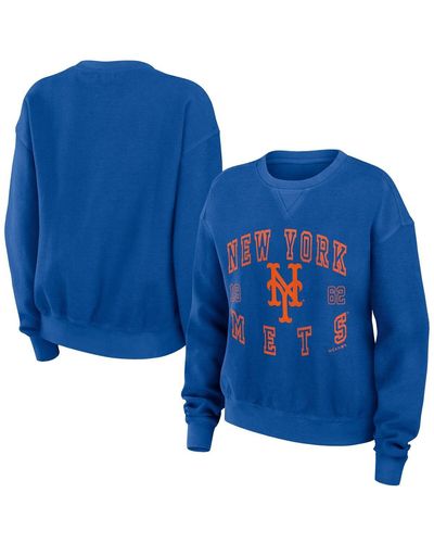 WEAR by Erin Andrews Distressed New York Mets Vintage-like Cord Pullover Sweatshirt - Blue