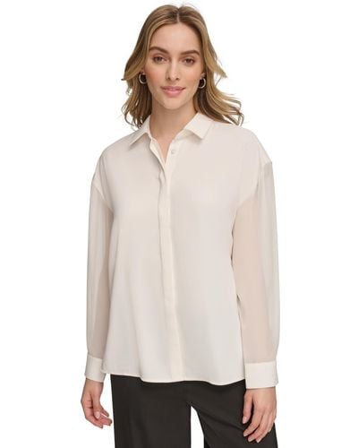 Calvin Klein Chiffon Sleeve Button Down Blouse - White