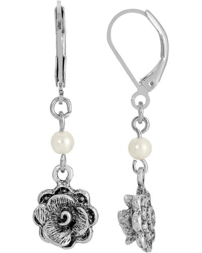 2028 Imitation Pearl Flower Drop Earrings - White