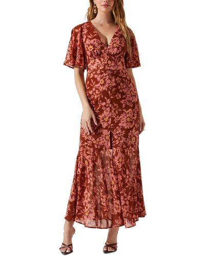 Astr Floral-print Flutter-sleeve Kenzie Dress - Red