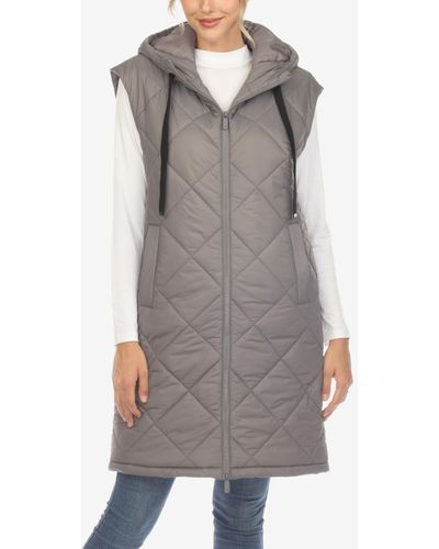 White Mark Diamond Quilted Hooded Long Puffer Vest Jacket - Gray