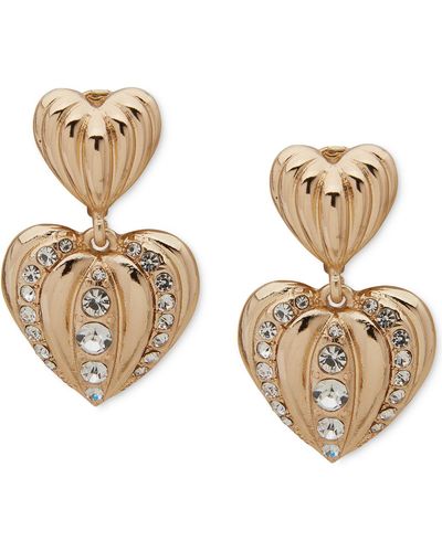 Anne Klein Gold-tone Pavé Puffed Heart Clip-on Drop Earrings - Metallic