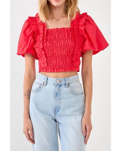 Endless Rose Smocked Puff Sleeve Top - Red