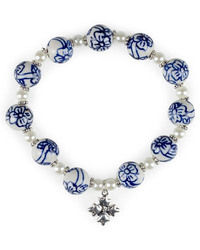 Patricia Nash Silver-tone Imitation Pearl & Floral-print Bead Stretch Bracelet - Blue