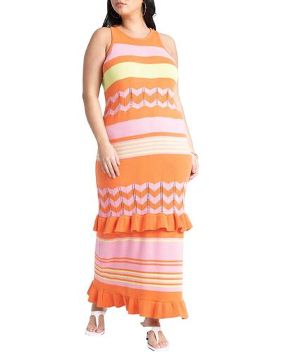 Eloquii Plus Size Striped Tank Sweater Dress With Ruffles - Orange