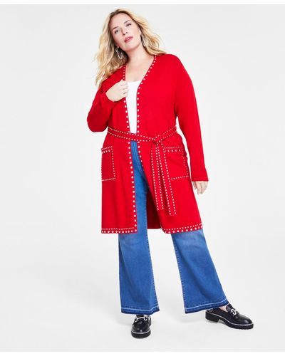 INC International Concepts Plus Size Studded Cardigan - Red