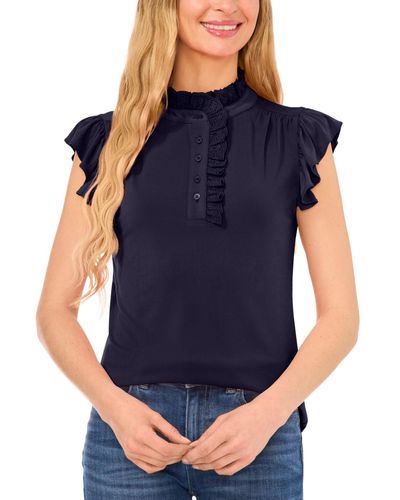 Cece Ruffled Front-placket Cap-sleeve Knit Top - Blue