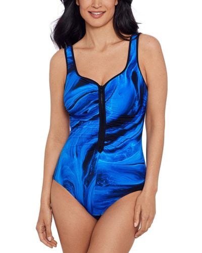 Swim Solutions Shirred Zip-front One-piece Swimsuit - Blue
