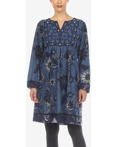 White Mark Paisley Flower Embroidered Sweater Dress - Blue