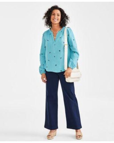 Style & Co. Style Co Embroidered Gauze Blouse Wide Leg Jeans Created For Macys - Blue