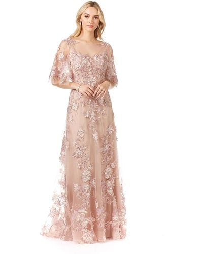 Lara Long Bell Sleeve Boat-neck Beaded Gown - Pink