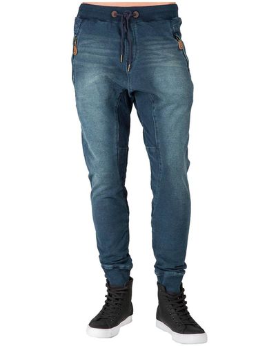 Level 7 Premium Knit Denim jogger Jeans Drop Crotch Whisker Zipper Pockets - Blue