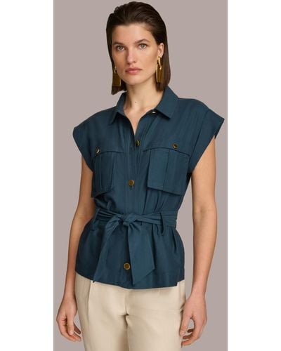 Donna Karan Belted Cap-sleeve Jacket - Blue