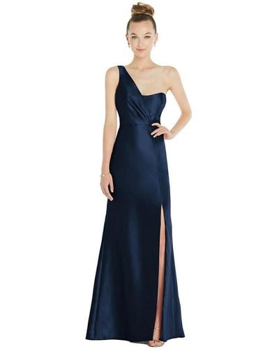 Alfred Sung Draped One-shoulder Satin Trumpet Gown - Blue