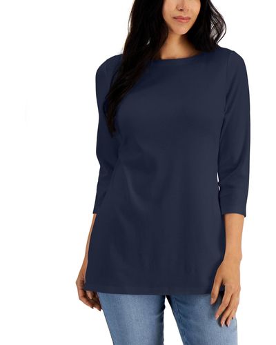 カレンスコット KAREN SCOTT Womens Navy Cotton 3/4 Sleeve Scoop