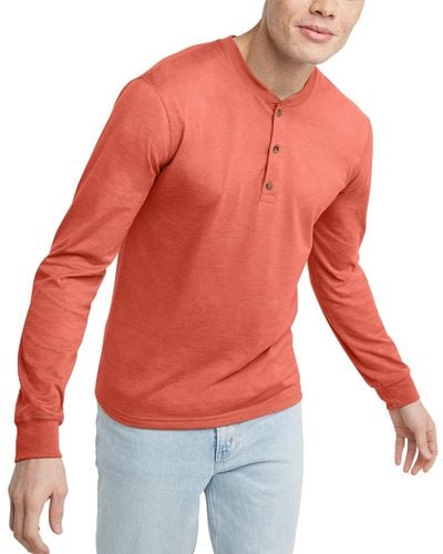 Hanes Originals Cotton Long Sleeve Henley T-shirt - Red