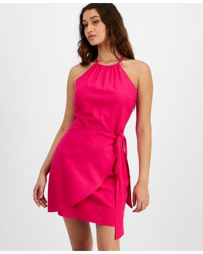 BarIII High-neck Side-tie Linen Blend Mini Dress - Pink