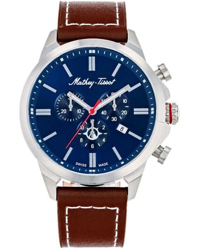 Mathey-Tissot Field Scout Collection Chronograph Genuine Leather Strap Watch - Blue