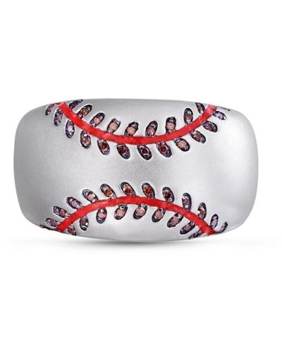 LuvMyJewelry Home Run Baseball Design Sterling Silver Red Diamonds Enamel Band Men Ring - White