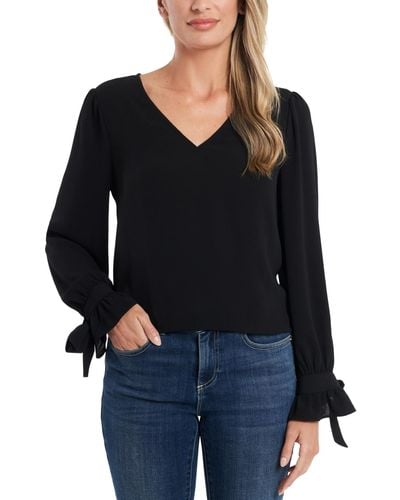 Cece Solid Long Sleeve V-neck Tie Cuff Blouse - Black