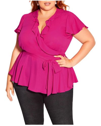 City Chic Plus Size Wrap Frills Short Sleeve Top - Pink