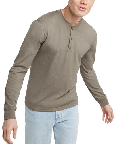 Hanes Originals Cotton Long Sleeve Henley T-shirt - Gray