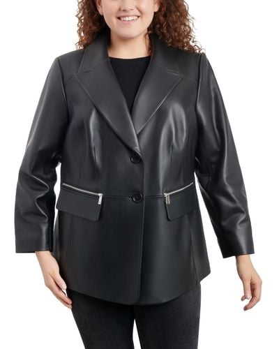 Anne Klein Plus Size Zip-pocket Leather Blazer Coat - Black