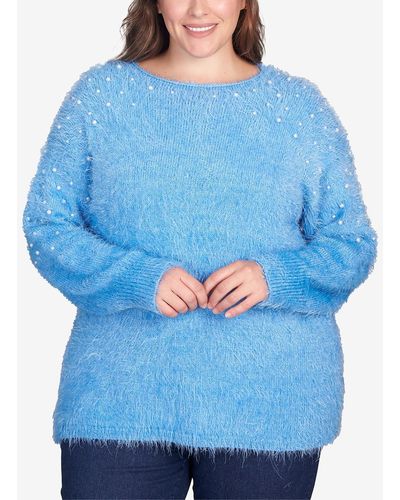 Ruby Rd. Plus Size Imitation Pearl Studded Metallic Eyelash Sweater - Blue