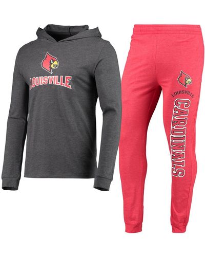 Concepts Sport Heathered Red And Heathered Charcoal Louisville Cardinals Meter Long Sleeve Hoodie T-shirt And jogger Pants Set - Black
