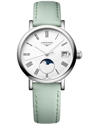 Longines Swiss Elegant Moonphase Green Leather Strap Watch 30mm - Gray