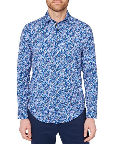 Society of Threads Slim Fit Non-iron Mini Floral Print Performance Stretch Button-down Shirt - Blue
