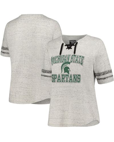 Profile Distressed Michigan State Spartans Plus Size Striped Lace-up T-shirt - Gray