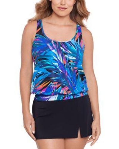 Swim Solutions Printed Shirred Neck Blouson Tankini Swim Skirt Created For Macys - Blue