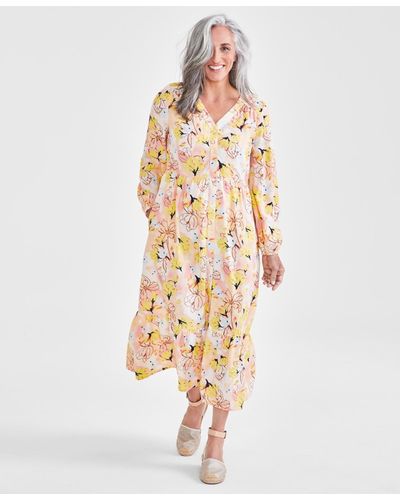 Style & Co. Petite Floral Tiered Button Front Midi Dress - Metallic