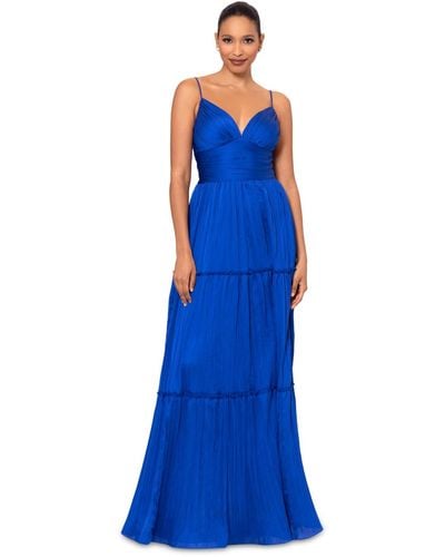Betsy & Adam Pleated Tiered Gown - Blue