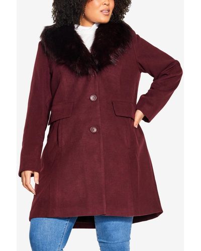 Avenue Plus Size Faux Wool Long Coat - Red
