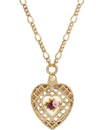2028 Gold-tone Flower Heart Mirror Pendant Necklace - Metallic