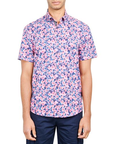 Society of Threads Slim-fit Performance Stretch Floral Print Short-sleeve Button-down Shirt - Pink