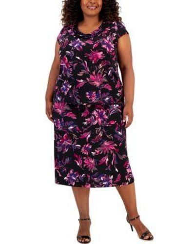 Kasper Plus Size Printed Cowl Neck Top Midi Skirt - Purple
