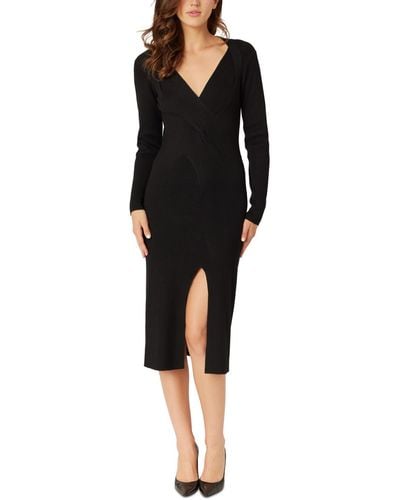 Adrienne Landau Twisted Ribbed Knit Long-sleeve Sweater Dress - Black