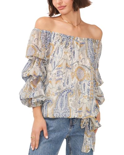Vince Camuto Paisley Off The Shoulder Bubble Sleeve Tie Front Blouse - Gray