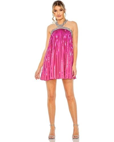 Mac Duggal High Neck Open Back Embellished Trapeze Dress - Pink