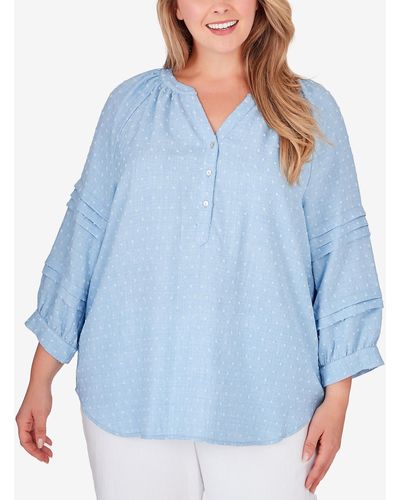 Ruby Rd. Plus Size Chambray Solid Clip Dot Blouse - Blue
