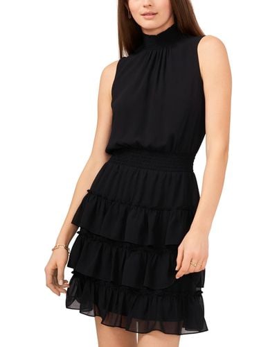 1.STATE Smocked Sleeveless Mock Neck Tiered Mini Dress - Black