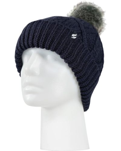 Heat Holders Brina Solid Cable Knit Roll Up Pom-pom Hat - Blue