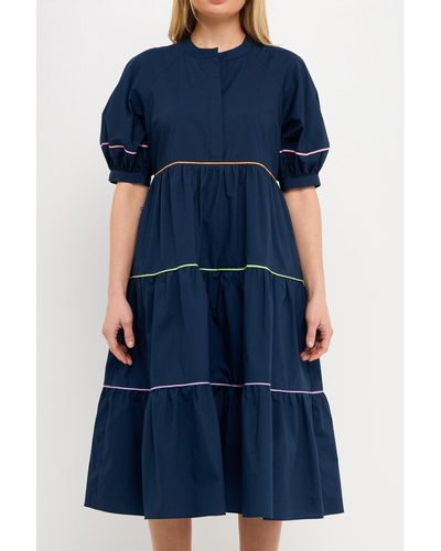 English Factory Short Puff Sleeve Dress Piping Detail - Blue