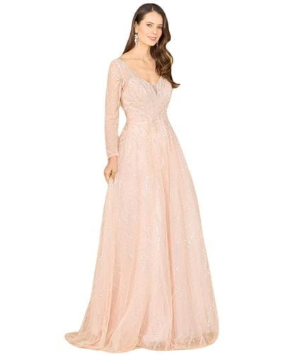 Lara Long Sleeve Beaded Lace Gown - Pink