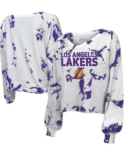 Majestic Threads Los Angeles Lakers Aquarius Tie-dye Cropped V-neck Long Sleeve T-shirt - White