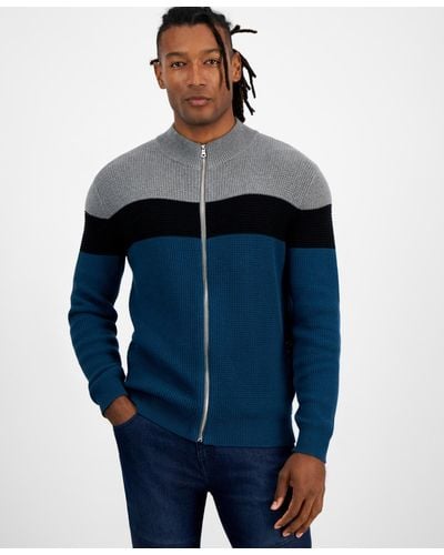 INC International Concepts Cotton Colorblocked Full-zip Sweater - Blue